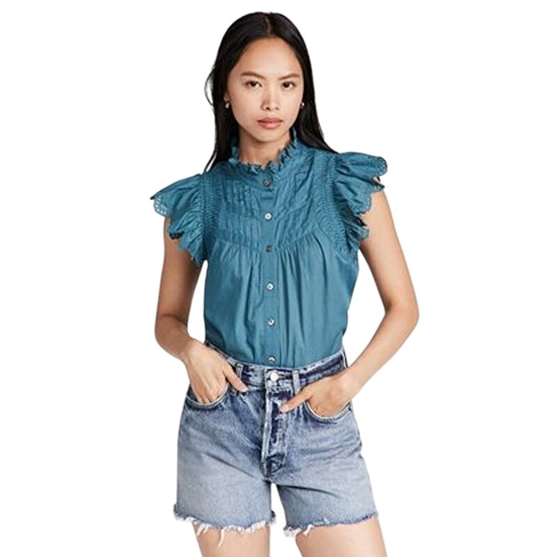 Sea New York Adrienne Flutter Sleeve Top Blouse Tank Cotton Teal Blue Xl